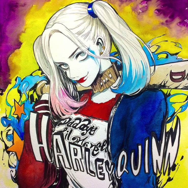 Suicide Squad, illustration, watercolor, Harley Quinn, Harley Quinn, twin ponytails