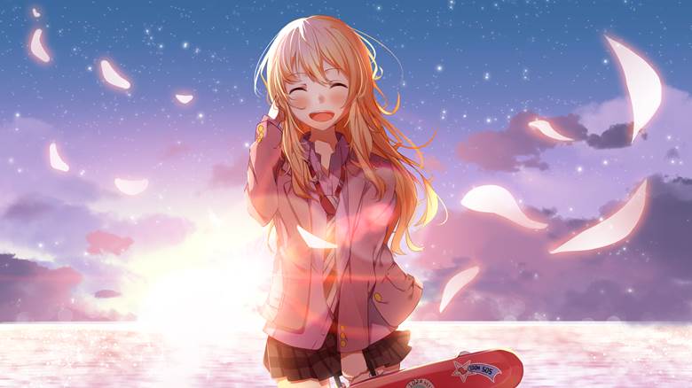 Your Lie in April, 宫园薰, beautiful, what is this pain, smile, 夕阳, 太美了, 四月是你的谎言1000收藏