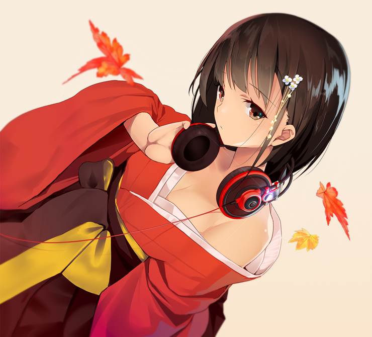 原创, kimono, autumn leaves, 头戴式耳机, 耳机, 原创10000users加入书籤, barely clothed, furisode, hakama