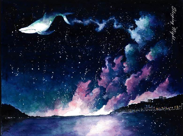 夜空に流されるうら的pixiv水彩画插画图片