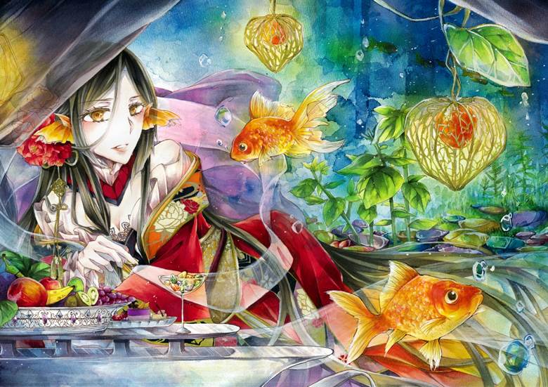 copic, traditional, original, watercolor, goldfish