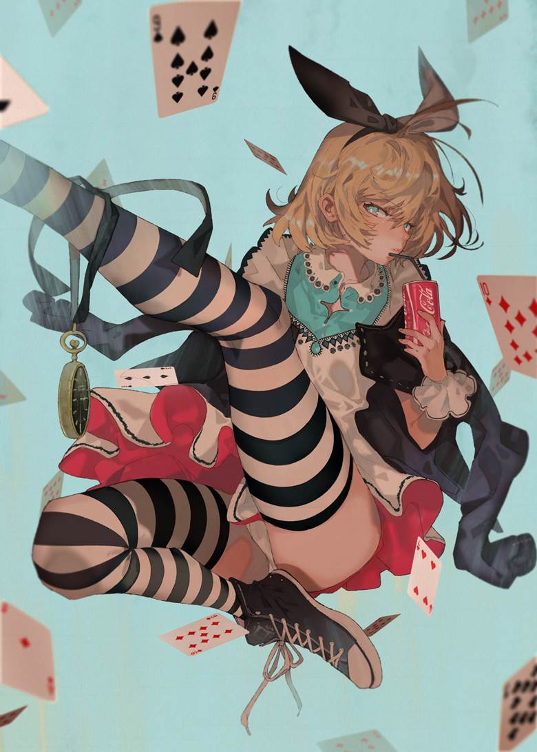 原创, 爱丽丝梦游仙境, 女孩子, 条纹过膝袜, sneakers, 原创10000users加入书籤, rabbit ears ribbon, 胖次, 露内裤