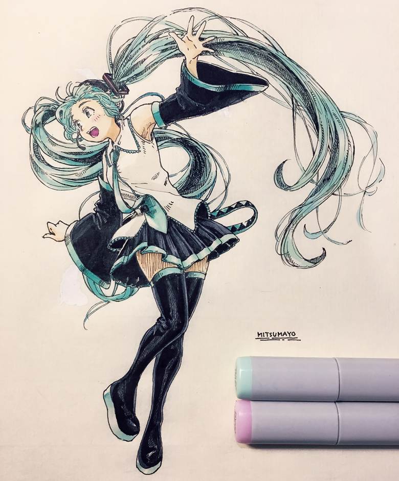 初音未来, copic马克笔, 手绘, 长筒靴