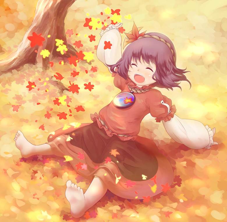 Touhou, kanako, autumn, autumn leaves, bare soles, barefoot