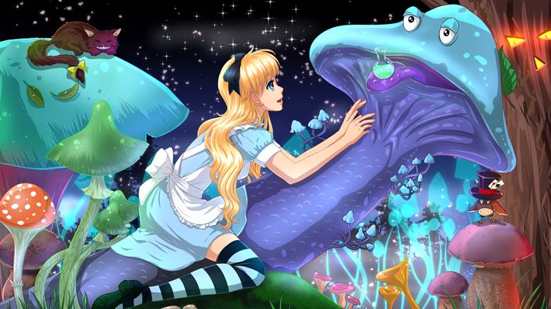alice in wonderland, mushroom, cat, Ural owl, visual novel, created by the original author, night