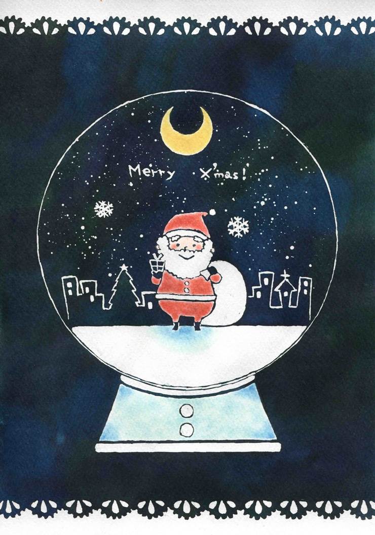 *圣诞老人雪球*|插画师HANAE＊的雪花玻璃球插画图片