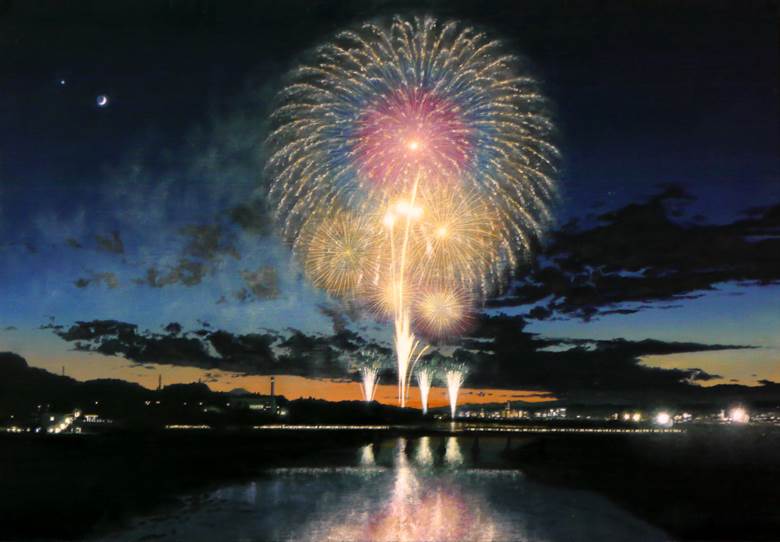 风景, oil painting, sky, 夏天, 焰火, night view, moon, 云, 原创100收藏