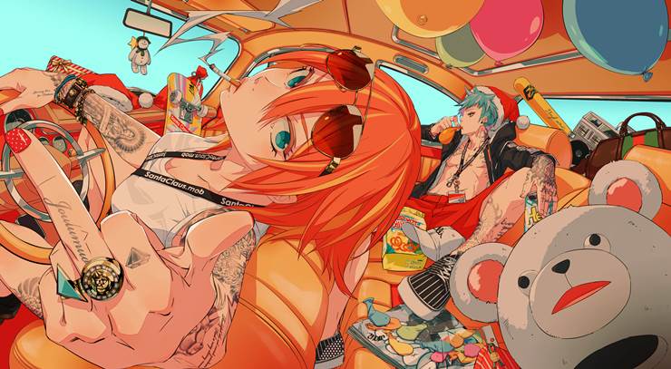 原创, inside a carriage, 刺青, 叼着烟, sunglasses, 气球, 香烟, middle finger, 原创1000users加入书籤