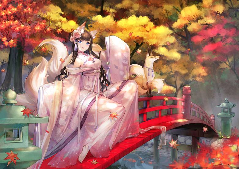 奇迹暖暖, foxgirl, arch bridge, 汉服, autumn leaves, Chinese style
