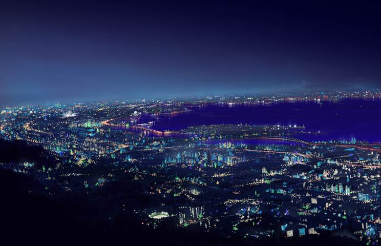 港湾都市の夜景|染手(画集)的Pixiv风景壁纸插画图片