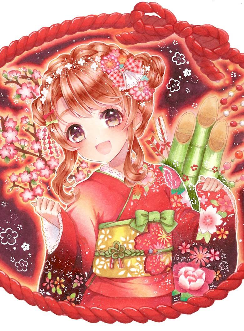 和风, New Year, copic马克笔, 手绘, please post the making-of, Original 250+ bookmarks, 女孩子, 和服