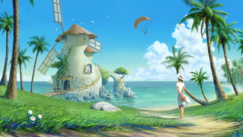 风景, sea, palm tree, house, windmill, 夏日天空