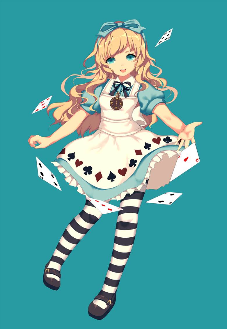 爱丽丝, 爱丽丝梦游仙境, string ribbon, 玛丽珍鞋, 连衫围裙, 扑克牌, Alice in Wonderland fan art, 金色长发