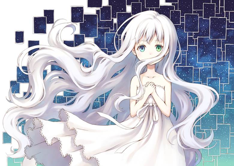 原创, 女孩子, starry sky, 白发, summer dress, 白色连衣裙, 异色瞳