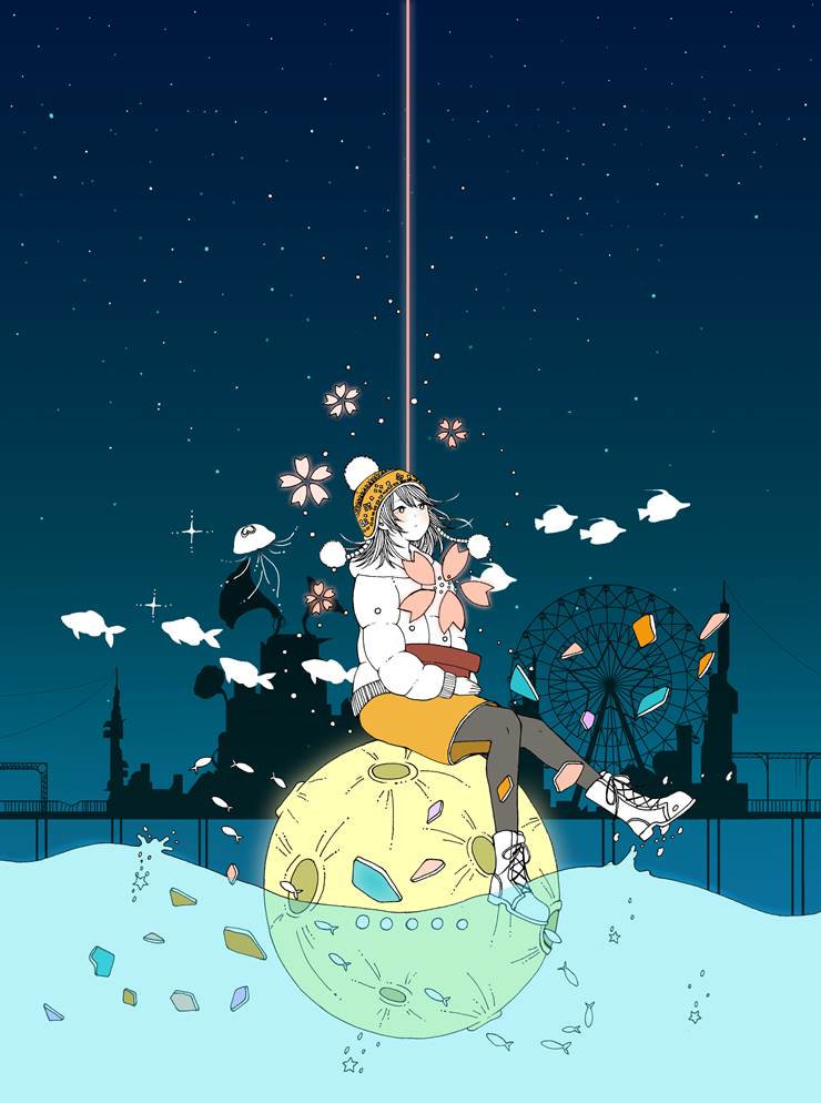 original, moon, star, sea, ferris wheel, Original 300+ bookmarks, partially in water, sitting on a crescent moon, down jacket