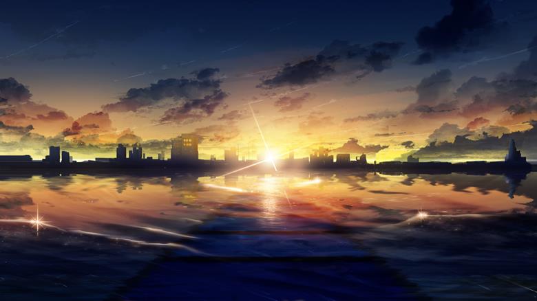 background, 原创, 原创, night sky, 黄昏, town, water surface, Original 500+ bookmarks, mouse drawing