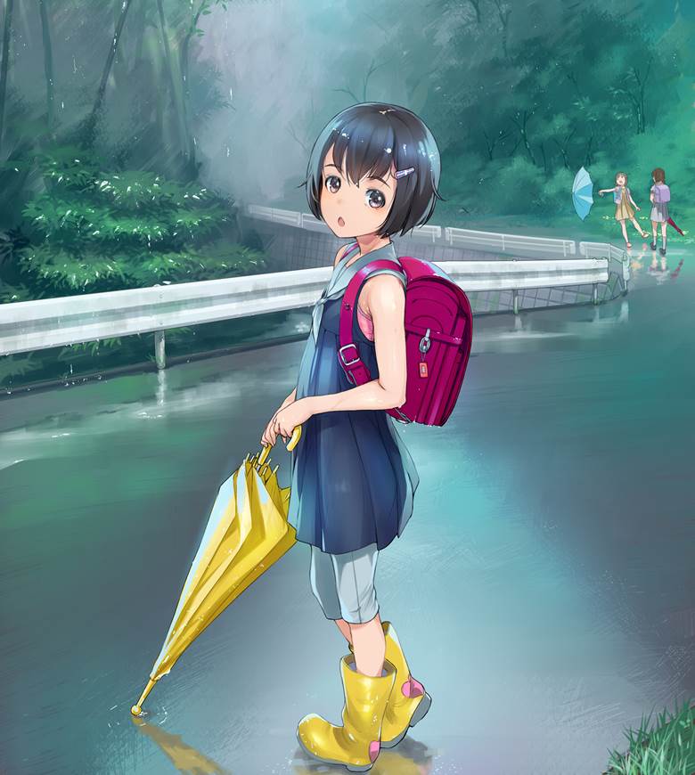 原创, 女孩子, 小学书包, 萝莉, 波波头, boots, umbrella, barefoot with school bag