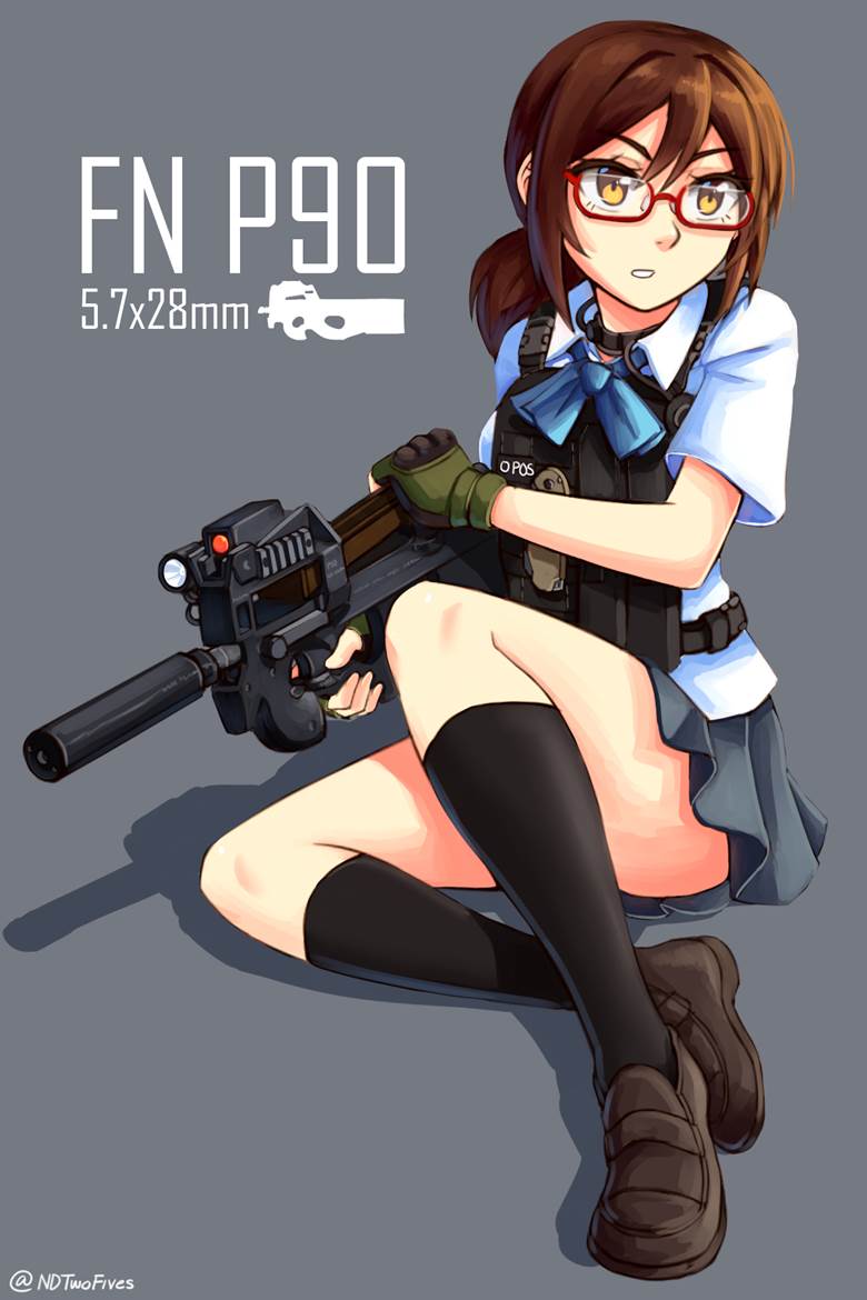 P90武装JK|狗仔哥的棕色头发女孩插画图片
