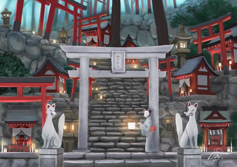 狐火神社|Leia的和风鸟居插画图片