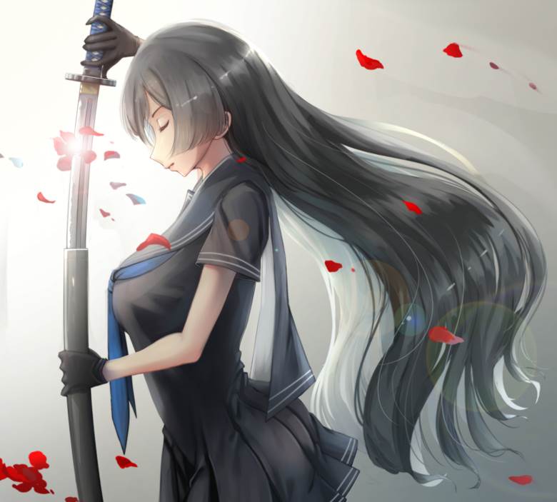 original, long black hair, high school girl, Japanese sword, sword-carrying high school girl, black sailor uniform, Original 100+ bookmarks