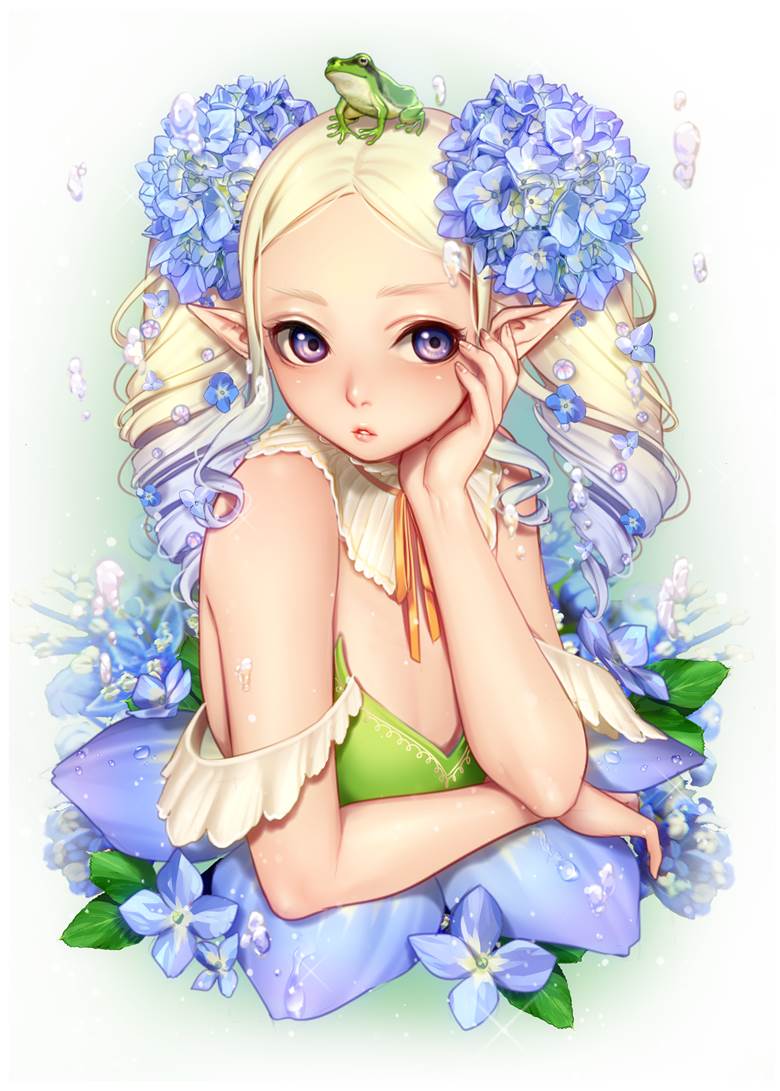 hydrangea, elf, girl, original, rainy season look, original 1000+ bookmarks, Elegant, flowers and girls
