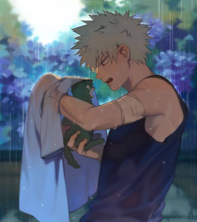 My Hero Academia, wet hair, tank top, hydrangea, boy with cat, My Hero Academia 5000+ bookmarks, Katsuki Bakugo