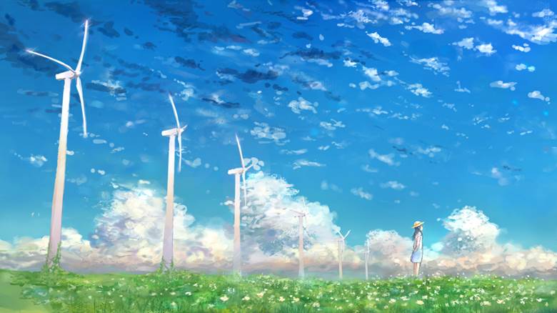 scenery, sky, background, young girl, windmill, summer sky