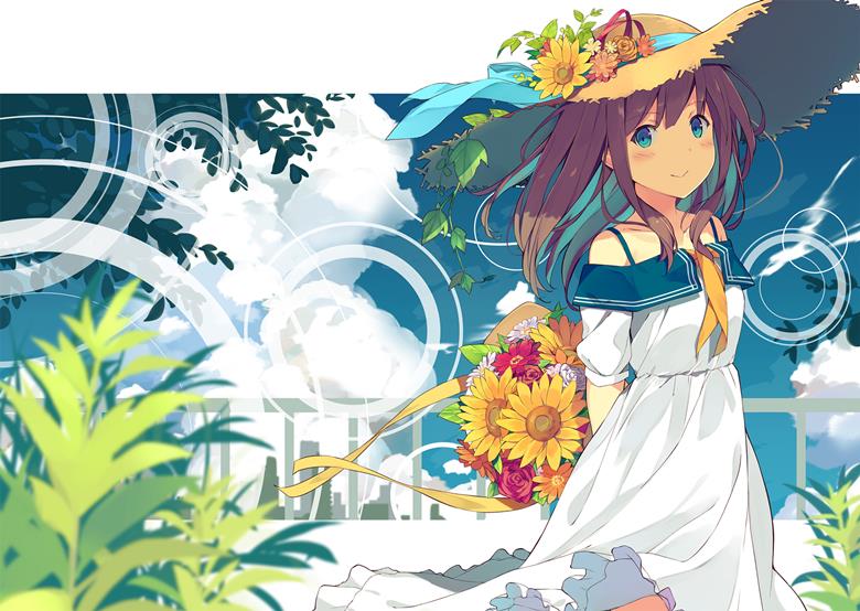 原创, 夏天, 向日葵, 白色连衣裙, 草帽, 露肩, 夏日天空, 原创5000users加入书籤, 花和女孩子