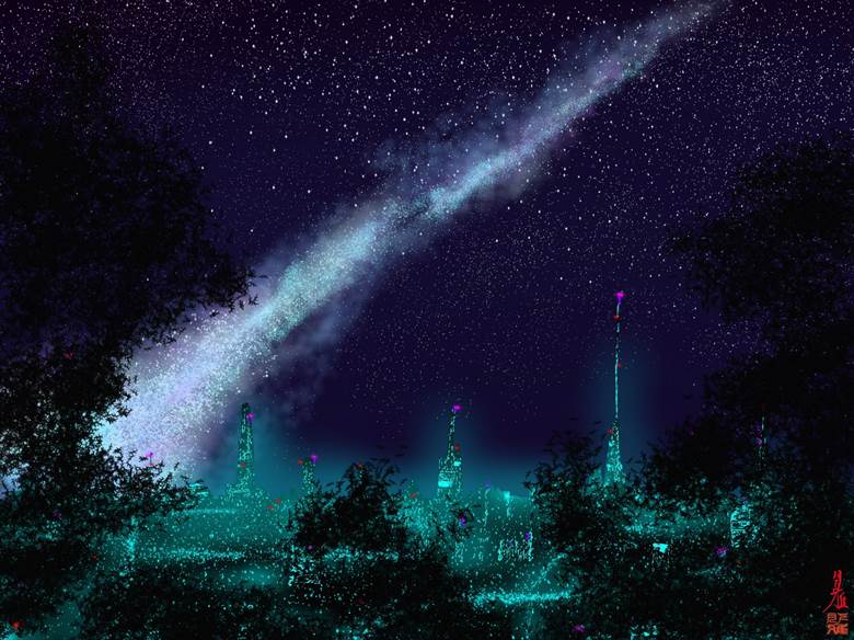 都会|月下雅GekkaMiyabi的夜景星空插画图片