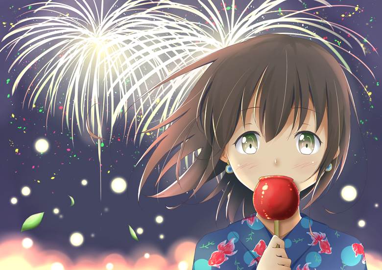 original, girl, summer, fireworks, candy apple, drooping eyes