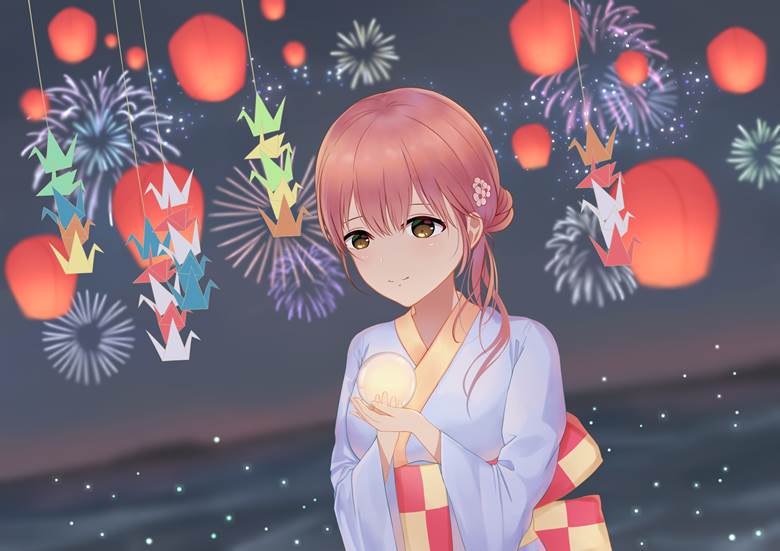 声之形, Shouko Nishimiya, 原创, 女孩子, young girl, 动画, 和服, 焰火, 夏天, night