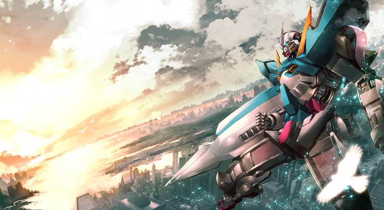 city, bird's eye view, background, robot, 高达, 能天使, gundam 00