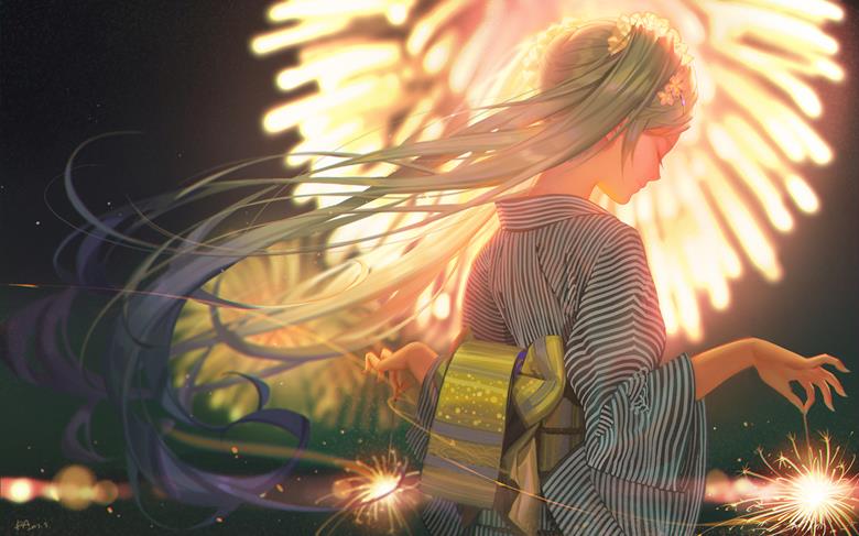 hatsune miku, beautiful, Vocaloid 10000+ bookmarks, kimono, fireworks