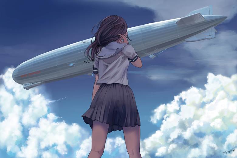 巨大构造物と少女シリーズ飞行船|宗像久嗣的水手服JK短裙少女插画图片