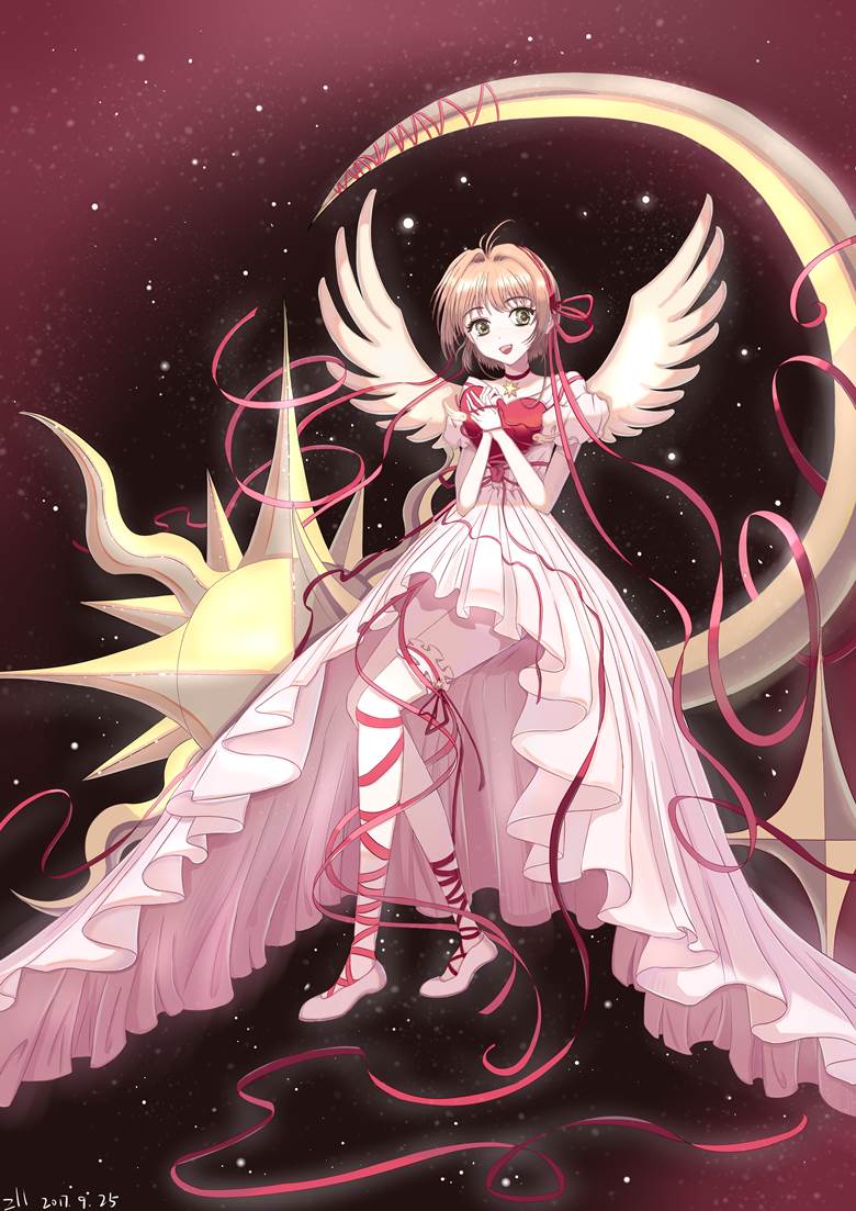 Sakura Kinomoto, loli, pink, short hair, skirt, sakura, ribbon, Cardcaptor Sakura, skirt with train