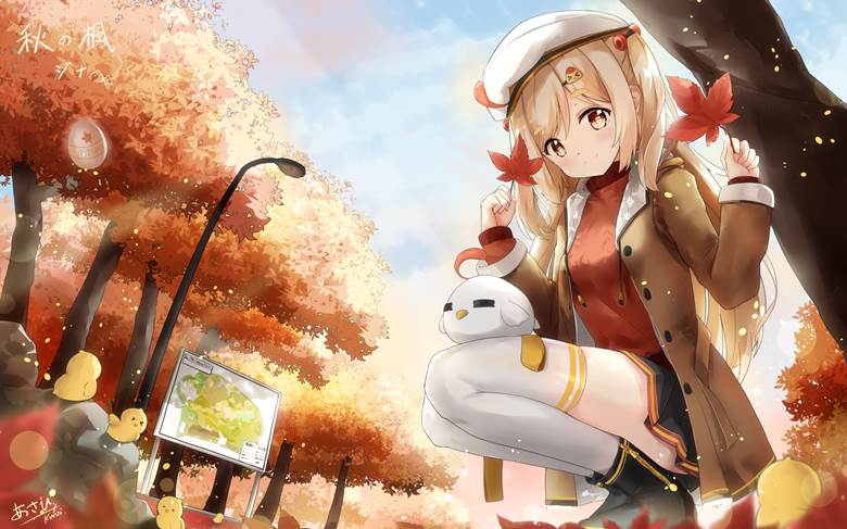 original, girl, bird, Momiji, autumn leaves, knee highs, squatting, original 3000+ bookmarks