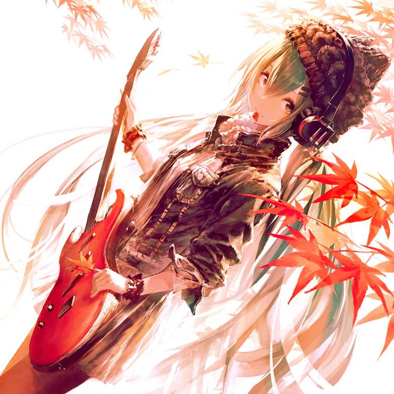 初音未来, denim jacket, knit cap, autumn leaves, 麻花毛衣, electric guitar, Vocaloid 10000+ bookmarks, 太美了
