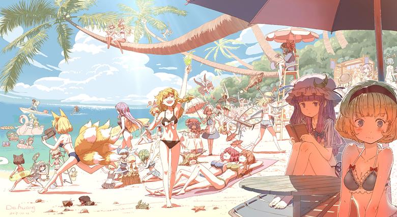 Touhou Project, Touhou group picture, Patchouli Knowledge, Marisa Kirisame, alice margatroid, Gensokyo was here, swimsuit, Touhou Project 5000+ bookmarks