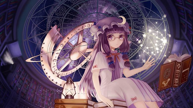 东方, 东方红魔乡, 不动的大图书馆, 帕秋莉·诺蕾姬, 帕秋莉, night sky, 眼镜