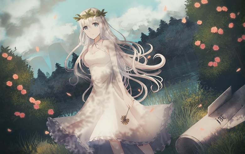 原创, 女孩子, 白发, 白色连衣裙, camisole dress