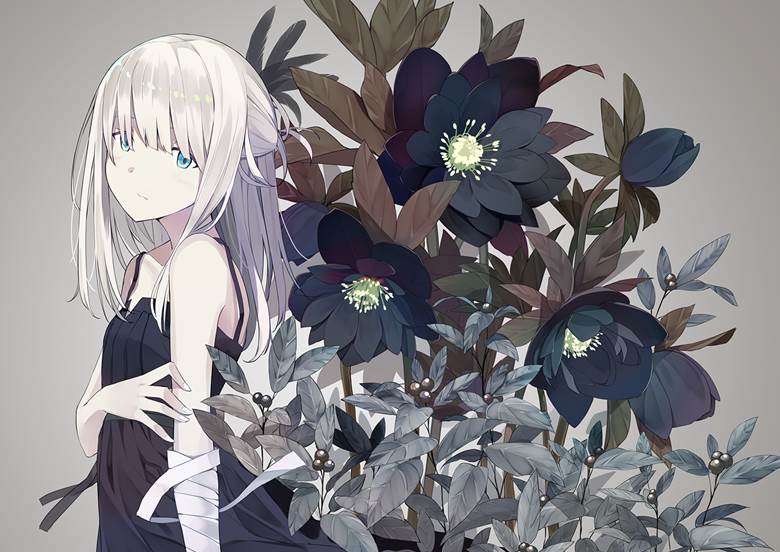 原创, 女孩子, 黑色连衣裙, 白发, flower, 原创5000users加入书籤, 花和女孩子