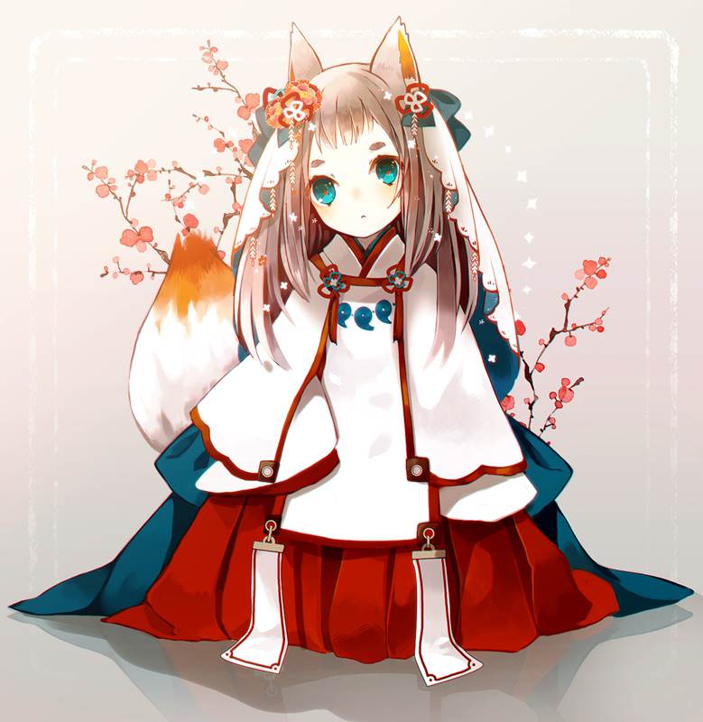 女孩子, 原创, 原创, 狐狸, 和风, fox ears, Original 500+ bookmarks, green eyes, long brown hair