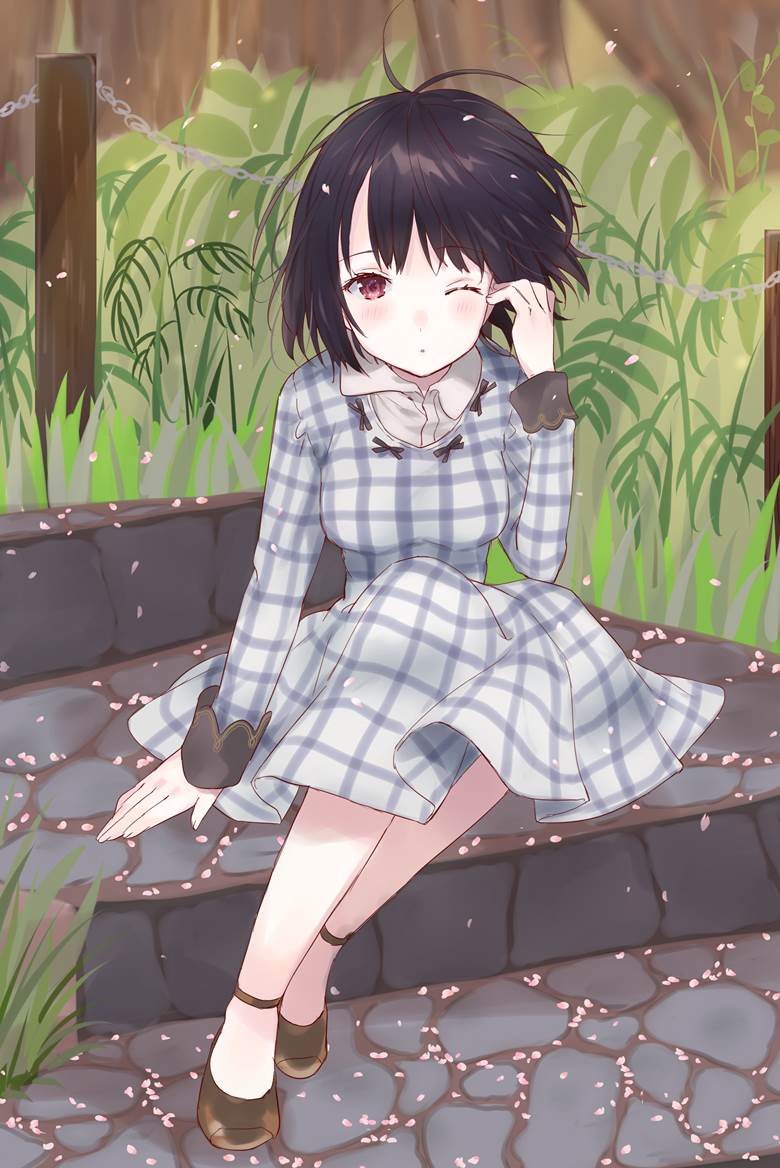 原创, 女孩子, 樱, 白皮肤, long sleeve dress, 风, 黑发, white skin