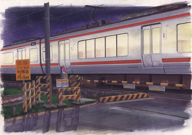 夜の踏切|PUNI的铁路道口插画图片
