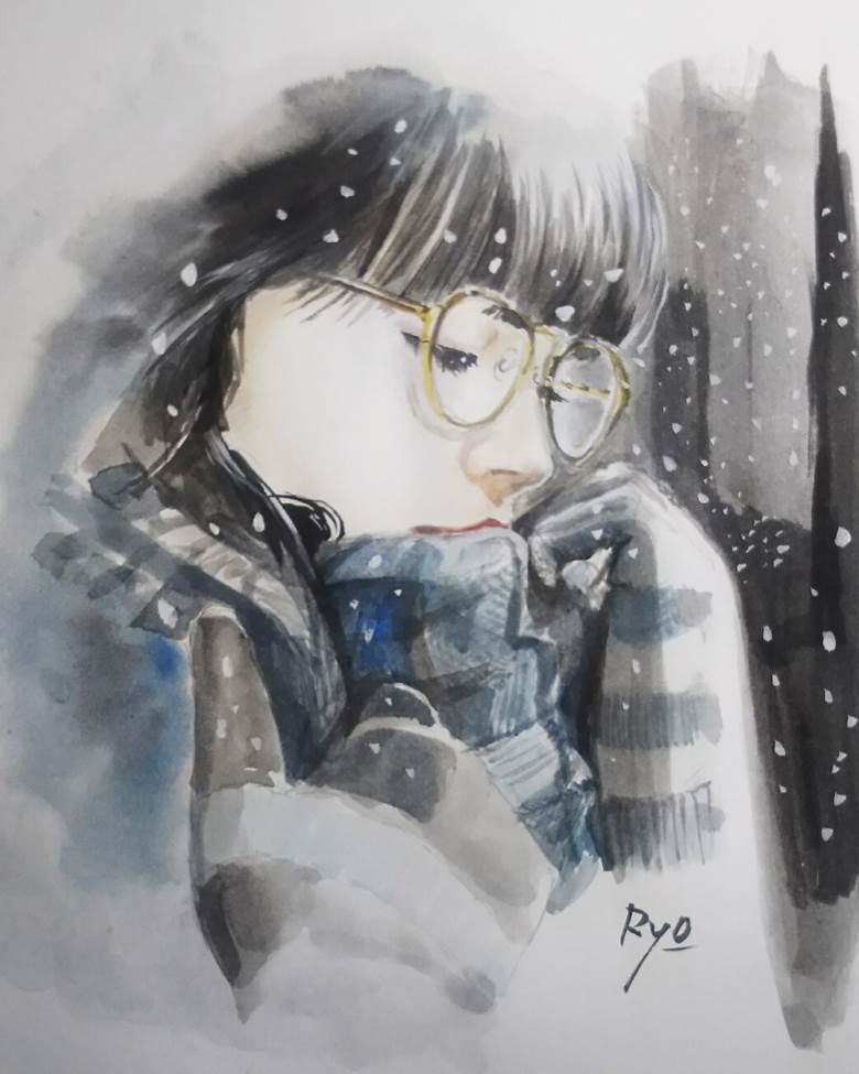 マフラー女子高生を水彩画で(透明水彩ガッシュ)|りょう的冬天下雪插画图片