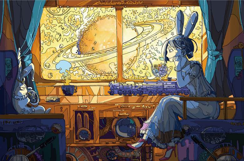 短发, universe, 女孩子, 复古, 原创, 原创, 爱丽丝梦游仙境, Galaxy Railway, 插画