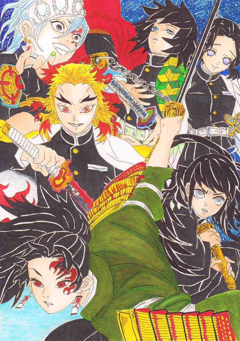 鬼灭之刃, group picture, Demon Slayer Corps, 富冈义勇, 蝴蝶忍, 炼狱杏寿郎, Tengen Uzui, 时透无一郎, copic马克笔, Demon Slayer: Kimetsu no Yaiba 1000+ bookmarks