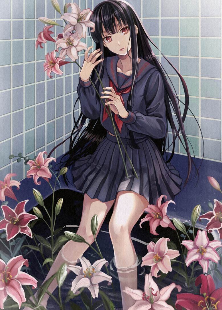 原创, 女孩子, 水手服, 黑色水手服, lily, Original 500+ bookmarks, feet in water, 花和女孩子, 黑长直