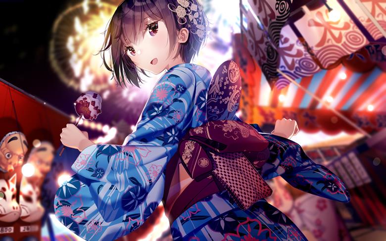 original, girl, yukata, summer festival, candy apple, fireworks, original 7,500+ bookmarks, looking-back