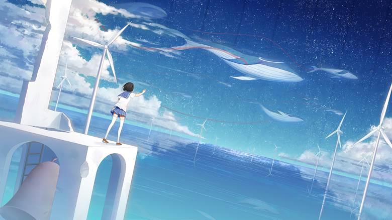 原创, windmill, whale in the sky, reflection pool, horizon